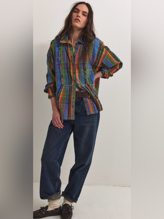 Free People Tops - NWT Free People S We the Free Madras Top Blue Combo Button Down Cotton Oversized